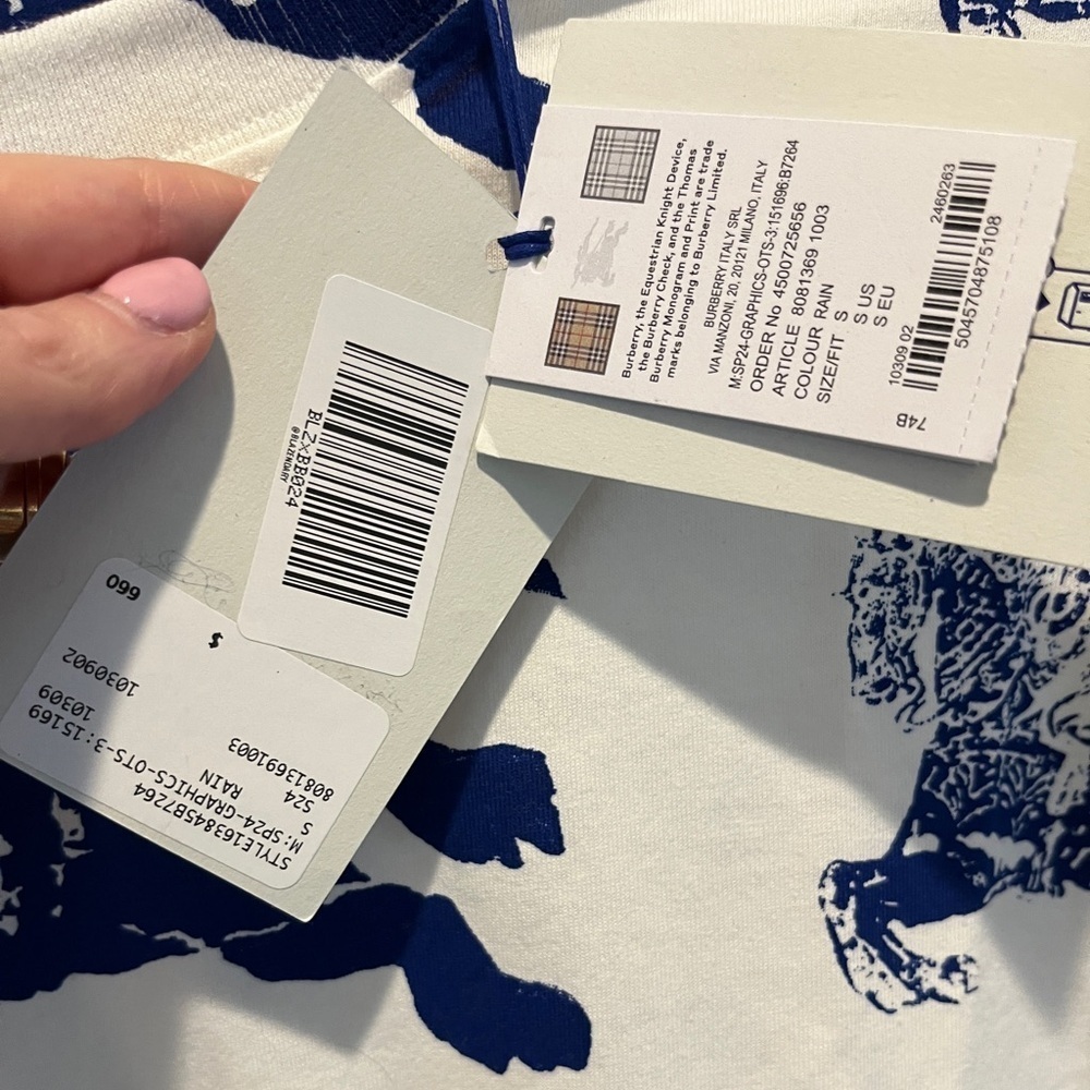 Burberry All Over EKD Print T-Shirt Rain White Blue Men's S NWT - Picture 7 of 7